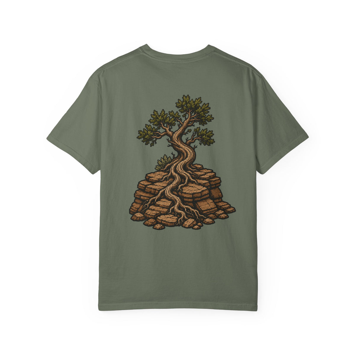 Desert Tree Emerging Through Rock (Back) with Stacked Logo